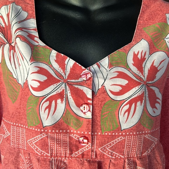 Vintage Hawaiian Tropical Coral Pink Cotton Short Sleeve Midi Muumuu Housedress - Picture 2 of 11